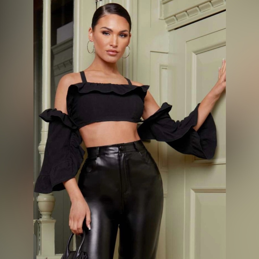 Black Ruffle Trim Cold Shoulder Crop Top - Picture 5 of 5